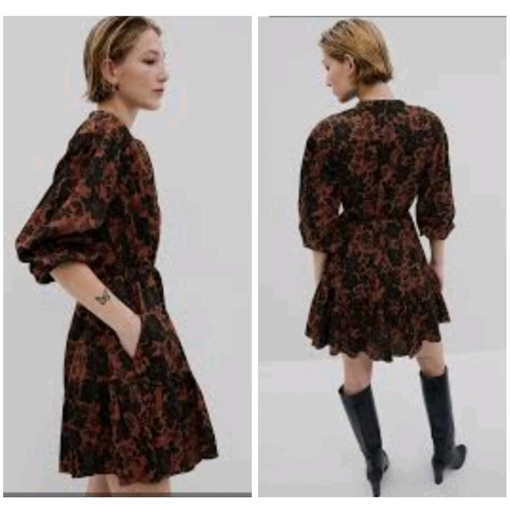 GAP Mini Dress Fig Brick Black Floral Ruffled Hem Balloon Sleeves Button Down  M
